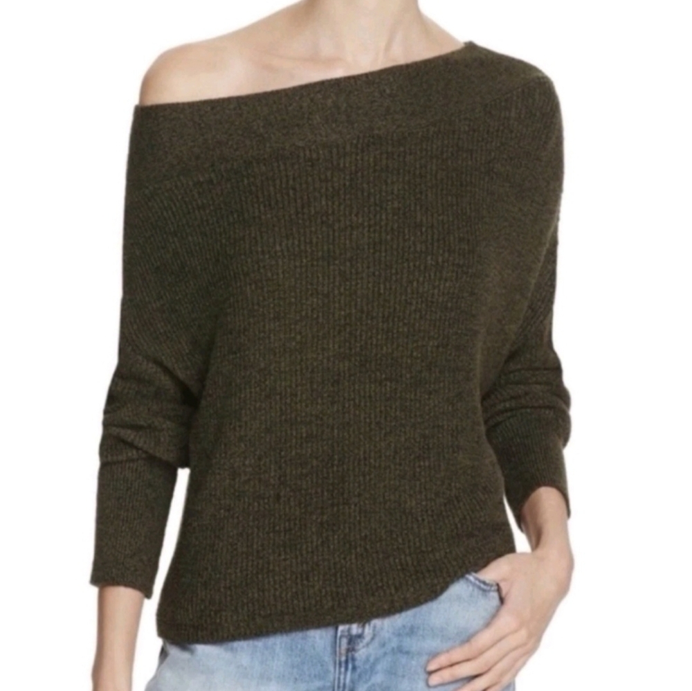 Free People Green Off Shoulder Knit Sweater